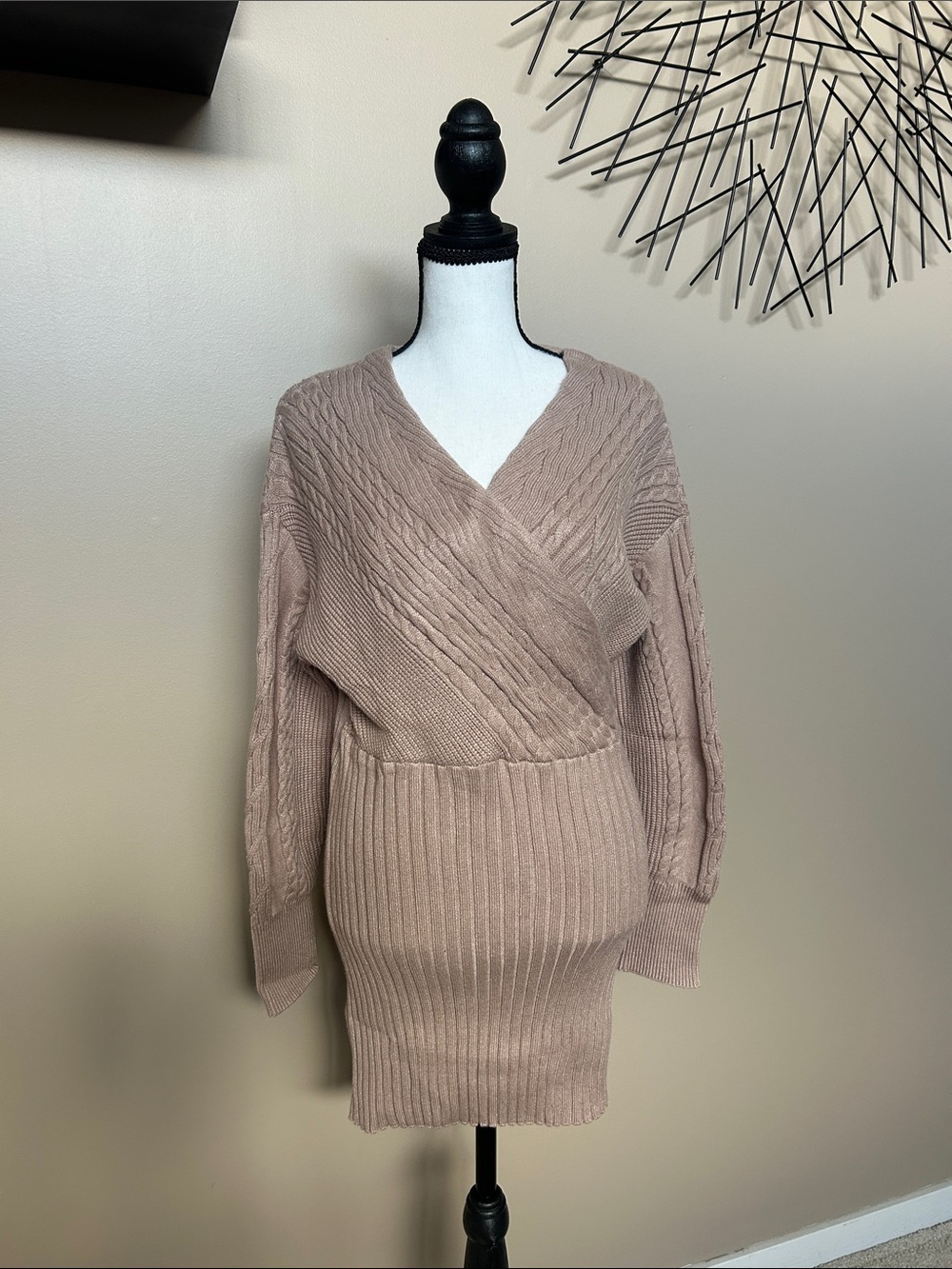 NWOT S.Deer cable-knit wrap sweater dress in a neutral taupe/beige shade SZ M